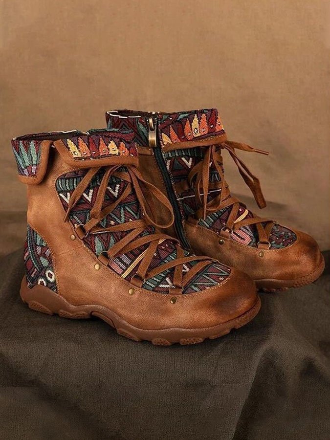 Retro Stitching Lace-Up Zipper Ankle Boots